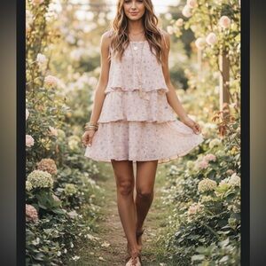 Sugarlips Pink floral tiered garden party vacation Dress